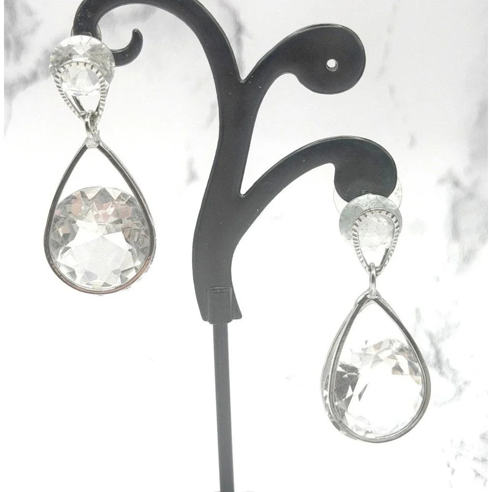 Elegant Clear Crystal Teardrop Dangle Drop‎ Earrings Silver Tone Statement